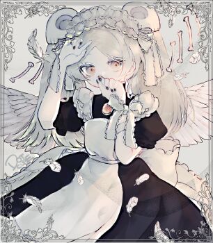 1girl absurdres adapted_costume apron black_nails bloody_marie_(skullgirls) bone brooch dotcube feathers grey_hair hair_ornament hands_up highres jewelry juliet_sleeves long_sleeves maid_headdress nail_polish puffy_sleeves red_eyes short_sleeves skull_hair_ornament skullgirls solo twintails wings