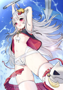 1girl areola_slip arm_behind_head arm_up armpits au11 azur_lane blue_sky blush breasts crop_top crop_top_overhang dated day fangs female_focus grey_hair hibiki_(azur_lane) highres looking_at_viewer navel nipple_slip nipples open_mouth outdoors pleated_skirt purity_seal red_eyes red_skirt sidelocks signature skin_fangs skindentation skirt sky small_breasts solo stomach thighhighs thighs unworn_skirt vest water white_thighhighs