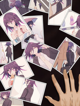 1boy bag black_bag black_jacket bottle buttons cat closed_mouth collared_jacket collared_shirt colored_tips danganronpa_(series) danganronpa_v3:_killing_harmony eating expressionless food food_wrapper from_behind gakuran hair_between_eyes high_collar holding holding_bottle holding_food holding_umbrella injury jacket light_blush looking_back male_focus multicolored_hair multiple_views official_alternate_costume oma_kokichi open_clothes open_jacket open_shirt pectorals petting photo_background poster_(object) purple_eyes purple_hair red_umbrella sakura_(fein5862817) school_bag school_uniform shirt short_hair sleeping soda_bottle squatting stalking topless_male umbrella umbrella_over_shoulder vending_machine wet white_cat white_shirt
