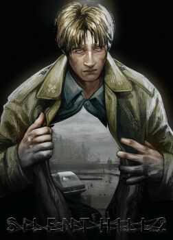 Rule 34 | 1boy, bags under eyes, blonde hair, blue shirt, coat, colored skin, commentary, english commentary, frown, game screenshot inset, green coat, highres, itssanlee, james sunderland, screenshot inset, shirt, silent hill (series), silent hill 2, simple background, solo, unbuttoned, unbuttoned shirt, white skin