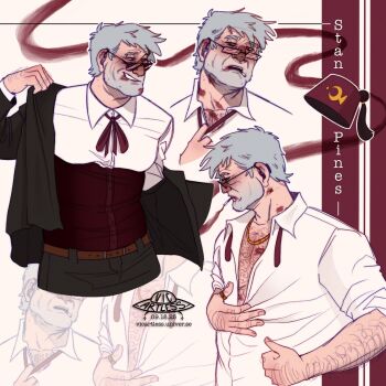 1boy adjusting_neck_ribbon arm_hair artist_logo beard_stubble belt black_eyes black_jacket black_pants blazer brown_belt character_name chest_hair cigarette colored_smoke commentary corset cropped_shoulders cropped_torso dressing english_commentary facial_hair fez_hat floating_hat glasses gold_ring gravity_falls grey_hair grunkle_stan hand_hair hand_on_own_stomach hat hearing_aid highres jacket lipstick_mark lipstick_mark_on_chest lipstick_mark_on_face lipstick_mark_on_neck logo looking_to_the_side mouth_hold multiple_views neck_ribbon nose old old_man open_mouth outline pants parted_lips partially_unbuttoned rectangular_eyewear red_corset red_hat ribbon shirt short_hair signature smirk smoke stubble sunglasses teeth two-tone_background undone_neck_ribbon upper_teeth_only vicartless white_background white_outline white_shirt wrinkled_skin zoom_layer
