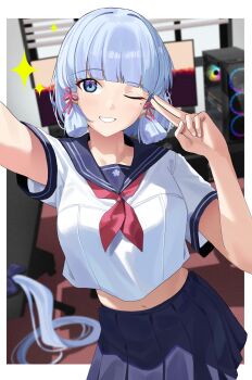 1girl absurdres arm_up ayaka_(genshin_impact) blue_eyes blue_sailor_collar blue_skirt breasts computer computer_tower desk genshin_impact grey_hair grin haerge hair_ribbon hand_up highres long_hair looking_at_viewer medium_breasts midriff miniskirt mole mole_under_eye navel neckerchief one_eye_closed pleated_skirt ponytail red_neckerchief ribbon sailor_collar school_uniform selfie serafuku shirt sidelocks skirt smile solo tress_ribbon v very_long_hair white_shirt window window_blinds
