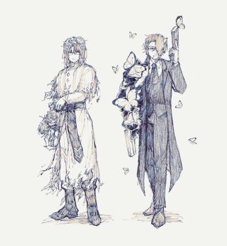 2boys absurdres alternate_costume ascot beard_stubble boots brooch bug butterfly butterfly_on_arm butterfly_on_hair butterfly_on_head buttons capelet closed_mouth coat collared_shirt crown_of_thorns diamond_(shape) diamond_button dress dual_persona e.g.o_(project_moon) expressionless facial_hair flower flower_wreath formal_clothes full_body garden_of_thorns_(e.g.o) gauntlet gauntlets gem glasses gloves gregor_(project_moon) grey_background greyscale gun hair_flower hair_intakes hair_ornament hair_over_one_eye hair_vines hairband hand_on_own_arm hand_up handgun head_wreath highres holding holding_gun holding_weapon insect jewelry jitome limbus_company long_coat long_hair long_sleeves looking_at_another looking_to_the_side low_ponytail male_bride male_focus monochrome multiple_boys official_alternate_costume one_eye_covered pants pants_under_dress paramecium_nmi parted_bangs pistol plant ponytail project_moon red_flower red_rose red_strips revolver rose sanpaku sash semi-rimless_eyewear shadow shirt shoes shoulder_sash sideways_glance simple_background single_gauntlet single_glove sketch solemn_lament_(e.g.o) standing stubble suit thorns too_many too_many_butterflies torn_capelet torn_clothes torn_dress turtleneck turtleneck_dress tuxedo under-rim_eyewear vest vines waist_sash weapon white_background wings