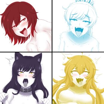 4girls ahegao ahoge animal_ears black_hair blake_belladonna blonde_hair blue_eyes brown_hair cat_ears cslucaris grey_eyes highres implied_sex long_hair multiple_girls purple_eyes red_hair ruby_rose rwby short_hair tongue tongue_out weiss_schnee white_hair yang_xiao_long yellow_eyes