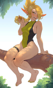 Rule 34 | 1girl, barefoot, blonde hair, braid, breasts, cheshirrr, cleophee, commentary, english commentary, freckles, green eyes, hair over one eye, highres, legs, medium breasts, open mouth, outdoors, pointy ears, single braid, thigh strap, toes, wakfu