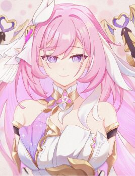 1girl bare_shoulders breasts chinese_commentary commentary_request corset diamond-shaped_pupils diamond_(shape) elf elysia_(herrscher_of_human:_ego)_(honkai_impact) elysia_(honkai_impact) flower hair_ornament highres honkai_(series) honkai_impact_3rd large_breasts long_hair looking_at_viewer multicolored_hair navel pink_background pink_hair pointy_ears purple_eyes siro_jun smile solo symbol-shaped_pupils triquetra two-tone_hair very_long_hair white_corset white_hair