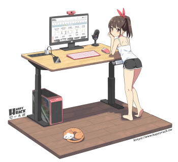 1girl ass barefoot black_shorts blush breasts brown_eyes brown_hair camisole cellphone charger closed_mouth computer computer_tower desk hair_ribbon hatsunatsu computer_keyboard looking_at_viewer looking_back microphone monitor computer_mouse original phone ponytail red_ribbon ribbon short_shorts shorts simple_background small_breasts smile soles solo standing watermark web_address webcam white_background white_camisole wooden_floor