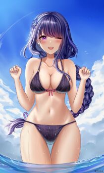 1girl alternate_costume bare_arms bare_shoulders beach bikini blue_sky blunt_bangs blush braid breasts cleavage clenched_hands cloud cloudy_sky collarbone commentary english_commentary flower flower_ornament genshin_impact hair_flower hair_ornament happy hhoko6 highres large_breasts long_braid looking_at_viewer mole mole_under_eye multicolored_hair navel ocean one_eye_closed open_mouth purple_bikini purple_eyes purple_hair purple_nails raiden_shogun ripples shade single_braid sky solo stomach streaked_hair swimsuit thigh_gap thighs upper_body water