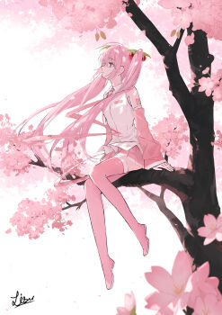 1girl absurdres ahoge arm_tattoo blush branch breasts cherry_hair_ornament closed_mouth collared_shirt commentary detached_sleeves floral_print flower food-themed_hair_ornament from_side full_moon hair_between_eyes hair_ornament hatsune_miku highres lisu long_hair long_sleeves looking_up medium_breasts moon necktie number_tattoo official_alternate_color pink_eyes pink_flower pink_hair pink_necktie pink_skirt sakura_miku shirt sitting sitting_on_branch skirt sleeveless sleeveless_shirt solo spring_(season) tattoo twintails very_long_hair vocaloid white_trim wide_sleeves