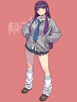 Rule 34 | 1girl, alternate costume, blue necktie, brown shoes, cardigan, collared shirt, commentary, contemporary, fern (sousou no frieren), full body, green skirt, grey cardigan, hands on own hips, highres, light blush, loafers, long hair, long sleeves, looking at viewer, loose socks, necktie, plaid clothes, plaid skirt, pout, purple eyes, purple hair, red background, school uniform, shirt, shoes, skirt, socks, solo, sousou no frieren, standing, white shirt, white socks, yamashita shun'ya