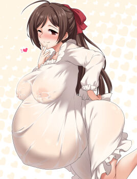 Rule 34 | 1girl, big belly, blush, breasts, brown eyes, brown hair, commentary request, hair ribbon, heart, highres, huge breasts, kantai collection, lactation, lactation through clothes, long hair, mamiya (kancolle), nose blush, one eye closed, outie navel, pregnant, red ribbon, ribbon, smile, solo, very long hair, yoshi tama