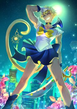 Rule 34 | 1boy, artist logo, bishoujo senshi sailor moon, blonde hair, blue boots, blue choker, blue eyes, blue sailor collar, blue skirt, boots, bow, bowtie, cherry in the sun, choker, clip studio paint (medium), collarbone, commentary, cosplay, crossdressing, crossdressing (mtf), crossover, english commentary, flower, full moon, grin, hand in own hair, holding, holding sword, holding weapon, logo, looking at viewer, magical girl, male focus, miniskirt, monkey tail, moon, night, one eye closed, pink flower, pink rose, rose, rwby, sailor collar, sailor senshi, sailor senshi uniform, sailor uranus, sailor uranus (cosplay), short hair, skirt, sky, smile, solo, space sword, standing, star (sky), star (symbol), star choker, starry sky, sun wukong (rwby), sword, tail, weapon, yellow bow, yellow bowtie