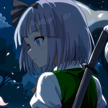 1girl black_hairband blue_eyes blush closed_eyes commentary_request falling_petals green_vest grey_hair hairband hitodama konpaku_youmu konpaku_youmu_(ghost) mist9801km night night_sky petals pink_petals sheath sheathed shirt sky solo sword touhou tree vest weapon weapon_on_back white_shirt