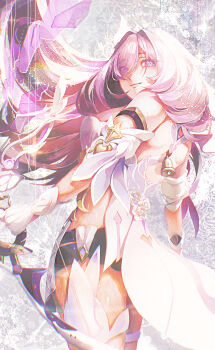 1girl absurdres amatyame black_shorts bow_(weapon) breasts commentary_request corset detached_sleeves diamond-shaped_pupils diamond_(shape) elysia_(herrscher_of_human:_ego)_(honkai_impact) elysia_(honkai_impact) highres holding holding_bow_(weapon) holding_weapon honkai_(series) honkai_impact_3rd large_breasts long_hair pink_hair purple_eyes short_shorts shorts smile solo symbol-shaped_pupils thighs very_long_hair weapon white_corset