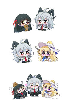 !? 3girls ? ahoge animal baby_animal bird black-haired_demon_girl_(shimmer) black_hair blonde_hair capybara cheek_pinching chibi chibi_only chick chisa_(wuthering_waves) closed_eyes closed_mouth commentary curled_horns earrings flying_sweatdrops grey_hair hair_ornament hair_ribbon hat heart highres holding holding_animal horns hue_oo jewelry key_earrings long_hair looking_at_another multiple_girls namipon_(wuthering_waves) necktie open_mouth phoebe_(wuthering_waves) pinching purple_eyes red_eyes red_necktie red_ribbon ribbon shirt simple_background smile symbol-only_commentary twitter_username white_background white_hat white_shirt wuthering_waves x_hair_ornament zani_(wuthering_waves)