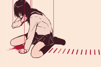 1girl black_hair black_sailor_collar black_shoes black_skirt black_socks blood blood_splatter closed_eyes full_body holding kneehighs medium_hair miniskirt original pleated_skirt puppet_strings sailor_collar school_uniform serafuku shoes sitting skirt socks solo wariza yukitake_(bullfalk)