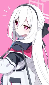 Rule 34 | 1girl, absurdres, black bow, black hairband, black skirt, black vest, blue archive, blue necktie, bow, closed mouth, dot nose, hair between eyes, hairband, half updo, halo, highres, jacket, kano3, kei (blue archive), kei (new body) (blue archive), light blush, long hair, long hair between eyes, looking at viewer, looking back, necktie, notice lines, open clothes, open jacket, pink background, pink halo, pleated skirt, rectangular halo, red eyes, ringed eyes, shirt, simple background, skirt, solo, very long hair, vest, white hair, white jacket, white shirt