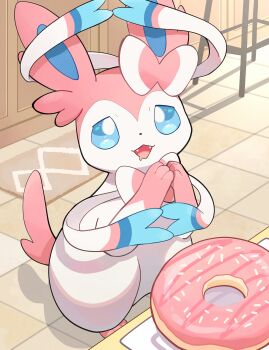 absurdres animal_focus begging blue_eyes blue_sclera bow colored_sclera donut food full_body gen_6_pokemon highres indoors komanychi looking_at_viewer nintendo no_humans open_mouth plate pokemon pokemon_(creature) pokemon_focus ribbon solo sylveon table white_fur