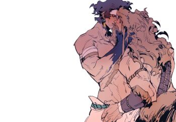 2boys beard belt black_hair blonde_hair bracer chic_l collarbone colored_extremities cowboy_shot facial_hair hades_(series) hades_2 hand_on_another's_face hashtag-only_commentary headband heracles_(hades) highres long_hair male_focus multiple_boys prometheus_(hades) red_eyes rope_belt scar scar_on_chest simple_background topless_male white_background white_headband wolf_hat yaoi