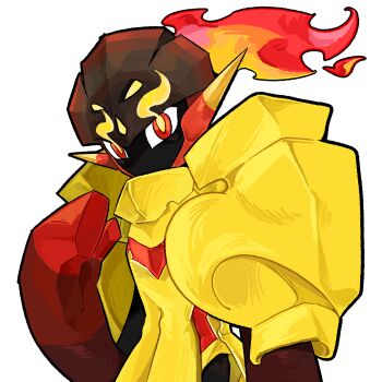 Rule 34 | 1other, armarouge, armor, black skin, breastplate, colored skin, eye trail, fiery hair, foreigner (pixiv 119387446), hand up, helmet, high ponytail, light trail, looking at viewer, nintendo, no mouth, other focus, pokemon, pokemon (creature), ponytail, red eyes, red hair, red helmet, shoulder armor, simple background, solo, spikes, standing, upper body, white background, yellow armor, yellow pupils