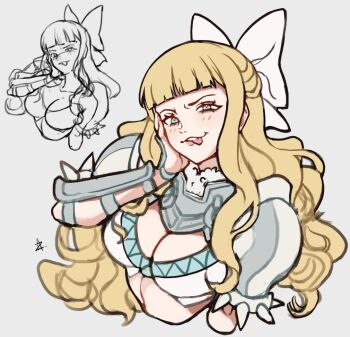 1girl :p armor blonde_hair blue_eyes blunt_bangs bow breasts charlotte_(fire_emblem) cleavage commentary english_commentary evil_smile fire_emblem fire_emblem_fates hair_bow large_breasts long_hair looking_at_viewer nintendo shoulder_armor smile solo spiked_armor spikes tongue tongue_out upper_body very_long_hair white_background white_bow zedoraart