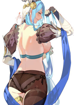 1girl alternate_breast_size ass ass_focus asymmetrical_legwear azura_(fire_emblem) azura_(song&#039;s_reflection)_(fire_emblem) back back_focus black_panties blue_hair breasts fake_horns fire_emblem fire_emblem_fates fire_emblem_heroes from_behind hair_between_eyes hairband highres horns large_breasts long_hair looking_at_viewer looking_back mismatched_legwear nintendo official_alternate_costume panties topless_female underbutt underwear very_long_hair yellow_eyes yusi_vishnu