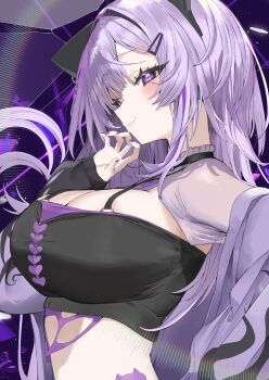 1girl absurdres breasts claw_pose cleavage closed_mouth commentary_request copyright_request hair_intakes hair_ornament hairclip hand_up highres jacket kamioka_shun&#039;ya large_breasts long_sleeves multicolored_hair nail_polish off_shoulder open_clothes open_jacket puffy_long_sleeves puffy_sleeves purple_eyes purple_hair purple_jacket purple_nails sleeves_past_wrists smile solo streaked_hair upper_body