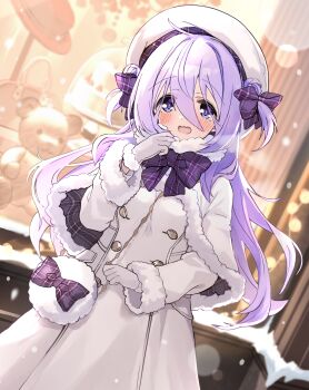:d absurdres amamiya_shizuku_(hizuki_yayoi) bag beret between_breasts blush bow breasts breath building capelet coat commentary_request double_bun fur-trimmed_capelet fur-trimmed_gloves fur-trimmed_sleeves fur_trim gloves hair_between_eyes hair_bow hair_bun hat highres hizuki_yayoi long_hair long_sleeves looking_at_viewer medium_breasts open_mouth original plaid_bow purple_bow purple_eyes purple_hair shoulder_bag smile snow snowing solo strap_between_breasts stuffed_animal stuffed_toy teddy_bear two_side_up very_long_hair white_capelet white_coat white_gloves white_hat window winter