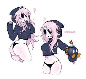 1girl :o ? ass black_hoodie black_panties blush bob-omb bomb breasts cropped_hoodie cropped_legs explosive grey_hair hand_up highres holding holding_bomb hollow_eyes hood hood_up hoodie large_breasts long_hair long_sleeves mario_(series) megrocks multiple_views navel nintendo panties shiny_skin shy_gal simple_background sleeves_past_wrists standing thong underwear white_background