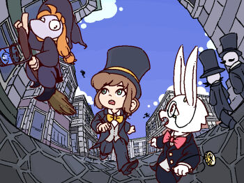 1girl a_hat_in_time alternate_costume animal_ears black_hat black_shoes black_suit blue_eyes blue_sky bow bowtie broom broom_riding brown_hair buttons character_request child cloud commentary_request copyright_request formal_clothes furry glasses grey_vest hat hat_kid korean_commentary long_sleeves looking_at_another nahae1224 orange_hair pointing ponytail rabbit_ears red_bow red_bowtie shirt shoes sidelocks sky suit textless_version top_hat vest white_shirt witch_hat yellow_bow yellow_bowtie