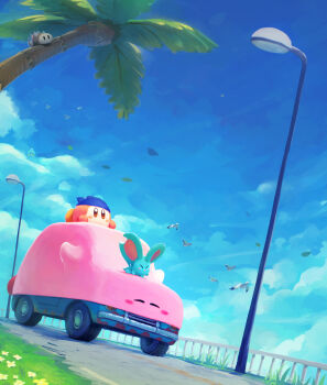 Rule 34 | absurdres, bandana, bandana waddle dee, bird, blue bandana, blue sky, car, character request, commentary request, day, elfilin, highres, kirby, kirby (series), kirby and the forgotten land, lamppost, motor vehicle, mouthful mode, nintendo, no humans, outdoors, pink car, railing, road, scenery, sky, suyasuyabi, vehicle focus