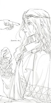 Rule 34 | 1boy, 1other, 6 (reverse:1999), ancient greek clothes, circlet, from side, greco-roman clothes, greyscale, gyujik qzc, hand up, highres, himation, lineart, long hair, long sleeves, monochrome, parted lips, pointing, pointing at another, reverse:1999, solo focus, upper body, white background