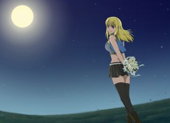 Rule 34 | 1girl, bad id, bad pixiv id, black skirt, black thighhighs, blonde hair, bluesnowcat, bouquet, brown eyes, fairy tail, female focus, flower, grass, holding, holding bouquet, long hair, looking at viewer, looking back, lucy heartfilia, midriff, moon, outdoors, pleated skirt, skirt, solo, thighhighs, zettai ryouiki