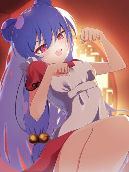 Rule 34 | 1girl, absurdres, apron, bell, blush, chinese clothes, commentary request, dress, hair bell, hair between eyes, hair ornament, highres, long hair, maid apron, open mouth, paw pose, purple hair, ranma 1/2, red dress, red eyes, shampoo (ranma 1/2), sidelocks, smile, tachibana shiro, white apron