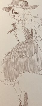 Rule 34 | 1girl, cross, frilled skirt, frills, hat, hat feather, highres, holding, holding cross, itsuki ( dw), jacket girl (dipp), long hair, long skirt, long sleeves, looking at another, looking at viewer, shoe soles, shoes, sitting, skirt, solo, touhou, traditional media, very long hair, wavy hair