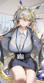 1girl absurdres alternate_breast_size alternate_costume arknights bare_legs black_bra black_jacket black_skirt blonde_hair blue_eyes blue_hair blue_horns blue_nails blush bra bra_visible_through_clothes breasts button_gap chinese_commentary collared_shirt commentary_request condom condom_wrapper_in_clothes desk dragon_girl dragon_horn dragon_tail earriongs grey_hair hair_between_eyes high-waist_skirt highres holding holding_pen horns huade_xiami id_card indoors jacket lanyard large_breasts long_hair looking_at_viewer multicolored_hair multicolored_horns nail_polish office_lady on_desk orange_pupils parted_lips pen pointy_ears shirt shu_(arknights) signature sitting skirt smile solo striped_clothes striped_skirt suit_jacket tail underwear very_long_hair white_shirt yellow_horns