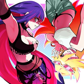 2girls absurdres armpits blonde_hair blunt_bangs breasts cleavage commentary english_commentary eyewear_on_head hair_between_eyes hands_up highres long_hair looking_at_viewer multiple_girls panty_&amp;_stocking_with_garterbelt panty_(psg) purple_hair slim_(sl1m_skull) smile stocking_(psg) upside-down