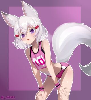 1girl absurdres animal_ears breasts buruma chenki_(chenki) commentary_request fox_ears fox_girl fox_tail hair_ornament highres leaning_forward looking_at_viewer paid_reward_available phase_connect purple_eyes small_breasts solo sweat tail tenma_maemi white_hair