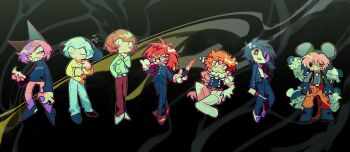 Rule 34 | 6+boys, animal ears, animal hat, black background, blood, bloody knife, clown, deformed, fake animal ears, fuji den fujiko, full body, hat, highres, holding, holding knife, kinder surprised michael jr., knife, looking at viewer, luther von ivory, male focus, multiple boys, nyen (randal's friends), nyon (randal's friends), present day problem takeuchi robert, randal's friends, randal ivory, ratman 3 (randal's friends), ratman 4 (randal's friends), ratman 5 (randal's friends), sebastian de tomato smith chicken legs, tsukada satoru