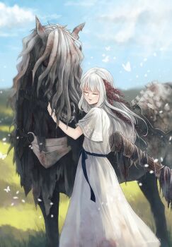 Rule 34 | 1girl, blue sky, bug, butterfly, closed eyes, commentary request, dress, ender lilies quietus of the knights, grass, highres, horse, insect, lily (ender lilies), long hair, nature, outdoors, parted lips, sky, sorakaze (mire), sunlight, tendril, undead, white dress, white hair
