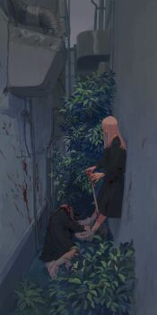 2girls alley bad_id bad_twitter_id black_shirt black_skirt blood blood_in_hair blood_on_clothes blood_on_hands blood_on_leg blood_on_wall cloud cloudy_sky corpse death dress full_body grey_sky highres leaning long_hair looking_at_another looking_down multiple_girls on_wall original outdoors pink_hair plant pomei_yoshino shirt shoes shovel skirt sky sneakers violence