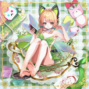 1girl absurdres animal_ear_headphones animal_ears armpits bare_legs barefoot bikini blonde_hair blue_archive blush cat_ear_headphones cat_ears closed_mouth commentary doodle_sensei_(blue_archive) english_commentary fairy_wings fake_animal_ears flat_chest green_eyes green_halo halo handheld_game_console headphones highres holding holding_handheld_game_console leaf_bikini looking_at_viewer matchacha midori_(blue_archive) sensei_(blue_archive) short_hair sitting smile soles solo swimsuit wings