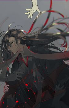 2boys ahoge amana_raika black_coat black_hair black_hanfu black_sash blood blood_on_clothes blood_on_face chinese_clothes closed_mouth clothes_grab coat disembodied_hand floating_hair grey_background hair_between_eyes hair_down hair_ribbon half_updo hand_on_another&#039;s_chest hand_on_another&#039;s_neck hanfu highres implied_yaoi long_hair long_sleeves looking_down male_focus modao_zushi multiple_boys official_alternate_costume official_alternate_hairstyle open_clothes open_coat out_of_frame petals reaching reaching_towards_another red_eyes red_ribbon ribbon robe sash simple_background solo_focus surrounded_by_hands upper_body very_long_hair wei_wuxian wei_wuxian_(yiling_laozu) wide_sleeves
