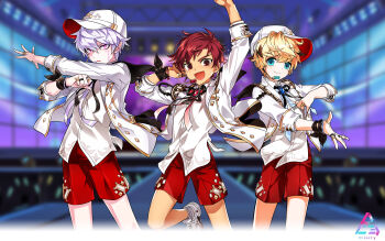 3boys add_(elsword) adjusting_clothes arm_up audience baseball_cap black_bow black_ribbon blonde_hair blue_eyes blurry blurry_background bow brown_hair buttons chung_seiker clenched_hand closed_mouth collared_jacket collared_shirt colored_tips depth_of_field determined diamond_button elsword elsword_(character) feet_out_of_frame foot_out_of_frame game_cg glowstick gold_ring gradient_necktie hair_between_eyes hand_in_own_hair happy hat headset highres hwansang idol jacket jewelry lapels leg_up light_blush logo loose_hair_strand male_focus multicolored_hair multiple_boys multiple_rings neck_ribbon necktie night night_sky notched_lapels official_alternate_costume official_art open_clothes open_jacket open_mouth outdoors outstretched_arm outstretched_hand pale_skin penlight_(glowstick) pink_eyes purple_hair red_eyes red_hair red_hat red_necktie red_shorts ribbon ring second-party_source shirt shoes shorts sky smile sneakers socks stage stage_lights sweatdrop swept_bangs two-sided_fabric two-sided_headwear white_hat white_jacket white_shirt white_shoes white_socks wrist_bow wristband