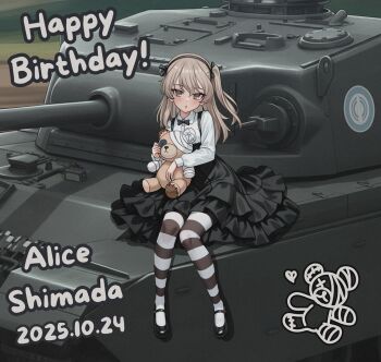 1girl aadka5 black_bow black_bowtie black_ribbon black_shoes black_skirt black_thighhighs bow bowtie brown_eyes brown_hair centurion_(tank) character_name commentary english_commentary frilled_skirt frills full_body girls_und_panzer hair_ribbon happy_birthday high-waist_skirt long_hair long_skirt long_sleeves looking_at_viewer mary_janes military_vehicle motor_vehicle one_side_up outdoors ribbon shimada_arisu shirt shoes sitting skirt solo striped_clothes striped_thighhighs stuffed_animal stuffed_toy suspender_skirt suspenders tank teddy_bear thighhighs white_thighhighs wing_collar