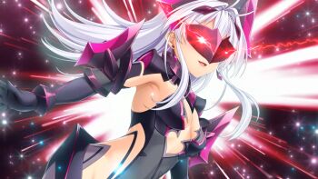 1girl :d aikawa_haruno antenna_hair armor armored_leotard armpits avalatia_ignis black_gloves black_leotard black_sleeves breasts chest_jewel cleavage clothing_cutout corruption dark_persona earrings elbow_gloves floating_hair game_cg gloves glowing hair_between_eyes hair_intakes headgear jewelry kamitsurugi_ouka kouyoku_senki_exs-tia_concert leotard long_hair mask medium_breasts non-web_source official_art open_mouth shoulder_armor sideboob smile solo standing upper_body very_long_hair white_hair