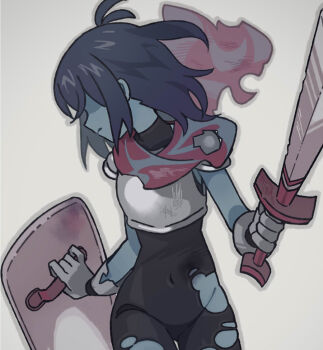 1other armor battle_damage black_bodysuit blue_hair blue_skin bodysuit cape colored_skin commentary_request deltarune gloves grey_background holding holding_shield holding_sword holding_weapon kris_(dark_world)_(deltarune) kris_(deltarune) looking_to_the_side navel other_focus red_cape shield short_hair simple_background solo solo_focus sword tanba_(tanba-art) torn_bodysuit torn_cape torn_clothes utdr_(toby_fox) weapon