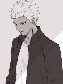 Rule 34 | 1boy, absurdres, archer (fate), black shirt, collared shirt, commentary request, dark-skinned male, dark skin, fate/stay night, fate (series), highres, male focus, marimohu starry, open clothes, open shirt, serious, shirt, solo, spiked hair