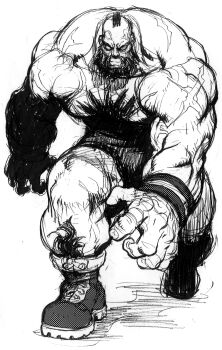 1boy angry beard chest_hair clenched_teeth facial_hair facing_viewer full_body game_cg greyscale highres leg_hair looking_at_viewer male_focus mohawk monochrome muscular muscular_male nishimura_kinu non-web_source official_art scar scar_on_arm simple_background solo street_fighter street_fighter_ii_(series) striped_sweatband teeth topless_male veins veiny_arms veiny_face walking white_background wrestler wrestling_outfit zangief