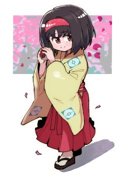 1girl absurdres black_hair blush brown_eyes commentary_request dot_nose erika_(pokemon) floral_background from_above full_body hairband hakama highres holding holding_poke_ball japanese_clothes kimono looking_at_viewer medium_hair nintendo okobo platform_sandals poke_ball poke_ball_(basic) poke_ball_print pokemon pokemon_lgpe print_kimono red_hairband red_hakama sandals sasaki_rindou socks solo tabi white_socks wide_sleeves yellow_kimono